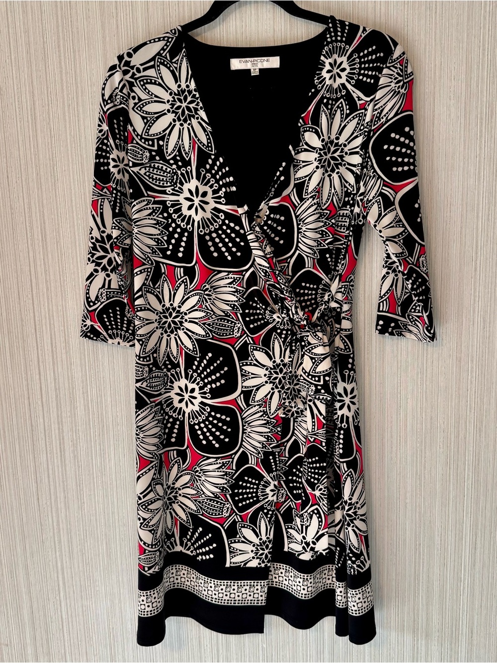 Evan-Picone Wrap Dress V-Neck Floral 3/4 Sleeve Knee Length Petite 8P
